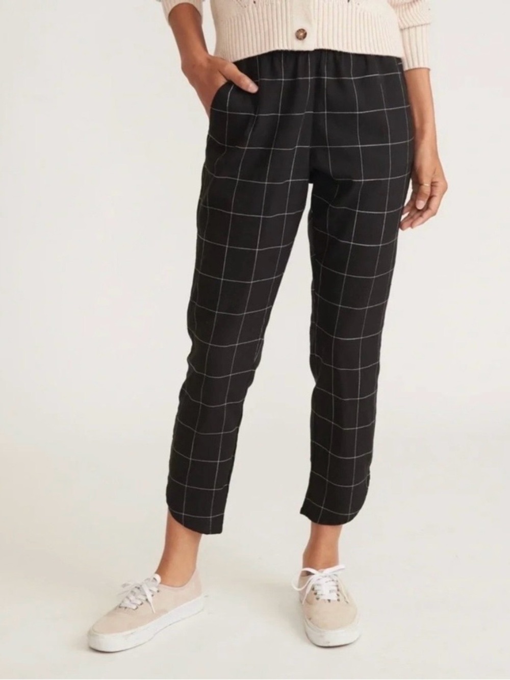 Marine Layer Black Windowpane Allison Pull On Ankle Pants, S